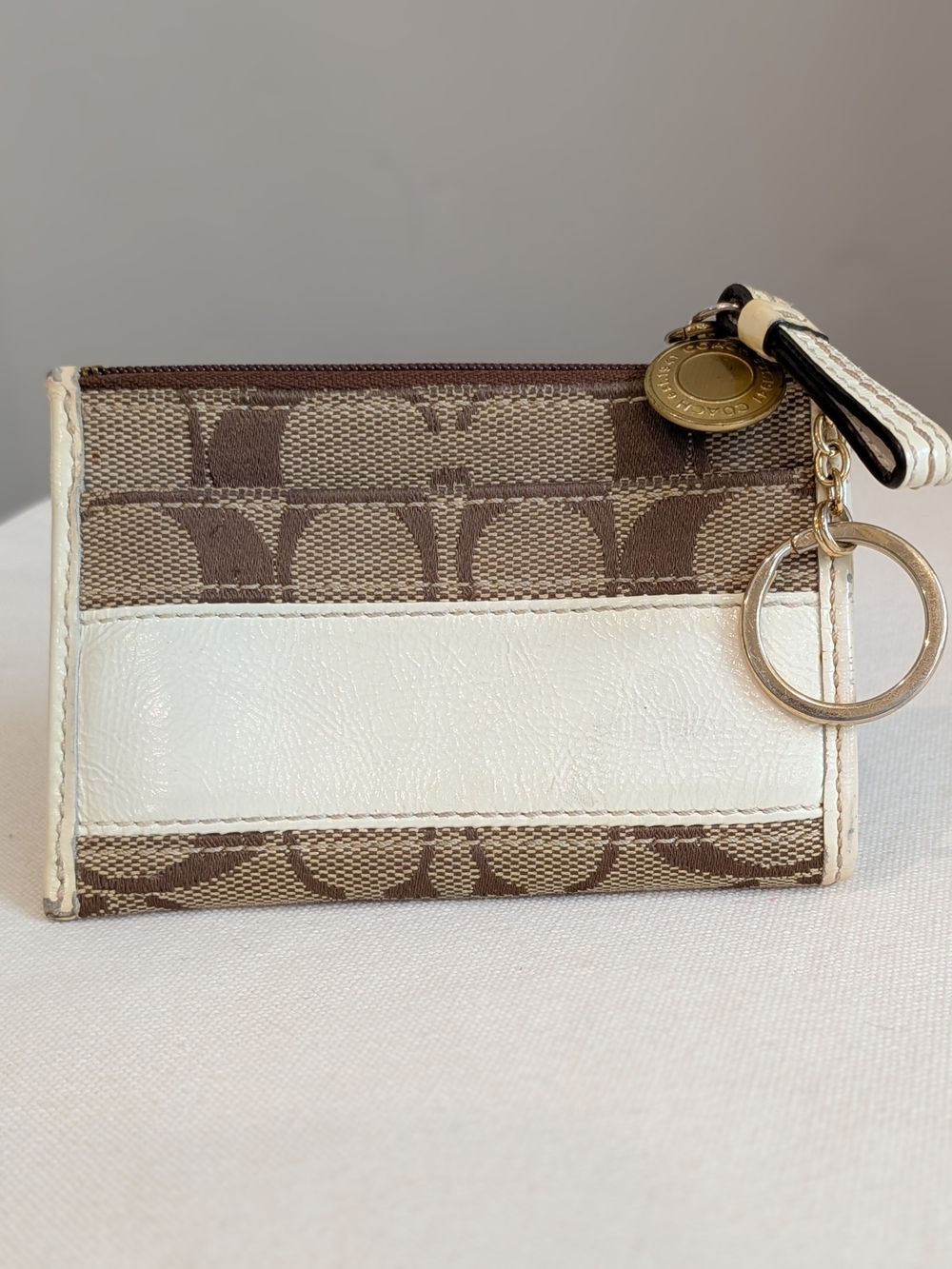 Coach Signature Canvas and Ivory Leather Key Card Holder With Zipper Pocket